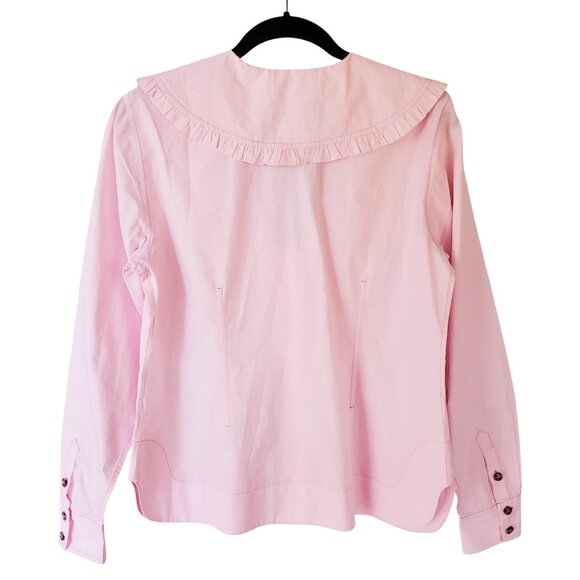 GANNI Vintage Ruffle Trim Peter Pan Collar Baby Pink Cotton Poplin Blouse Sz M/L - Picture 7 of 13